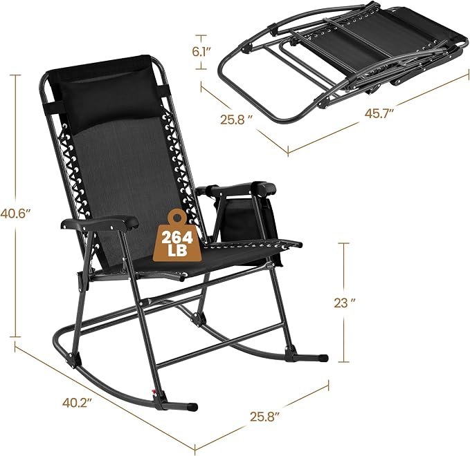 Folding Outdoor Rocking Chair Set of 2, Black Zero Gravity Lounger