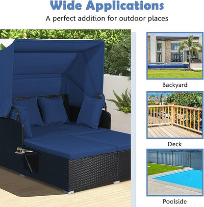 Tangkula Patio Rattan Daybed with Retractable Canopy, Outdoor Wicker Sunbed Lounger with 2 Foldable Side Tables, Thick Seat & Back Cushions, Outside Double Daybed for Garden, Backyard, Porch, Navy