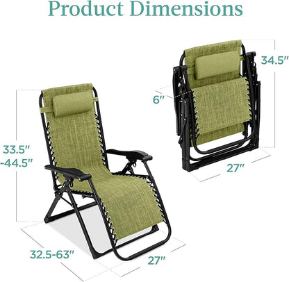 Recliner Chair, Oversized Folding Zero Gravity Patio Lounger, Green
