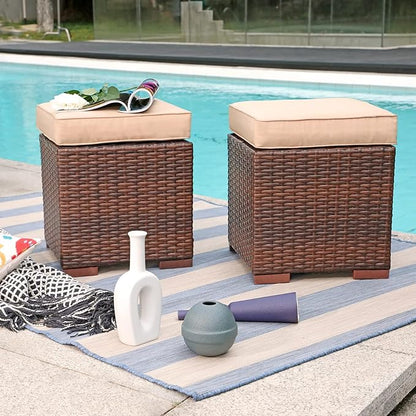 Patiorama 2 Pieces Assembled Outdoor Patio Ottoman, Indoor Outdoor All-Weather Dark Brown Wicker Rattan Outdoor Footstool Footrest Seat with Beige Cushions, No Assembly Required