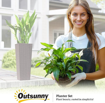 Outsunny 23.6 Inch Tall Planters for Outdoor Plants, Set of 2 Plastic Rattan-Like Flower Pots with Drainage Holes, Stackable Tapered Planters for Indoor Plants, Front Porch, Brown