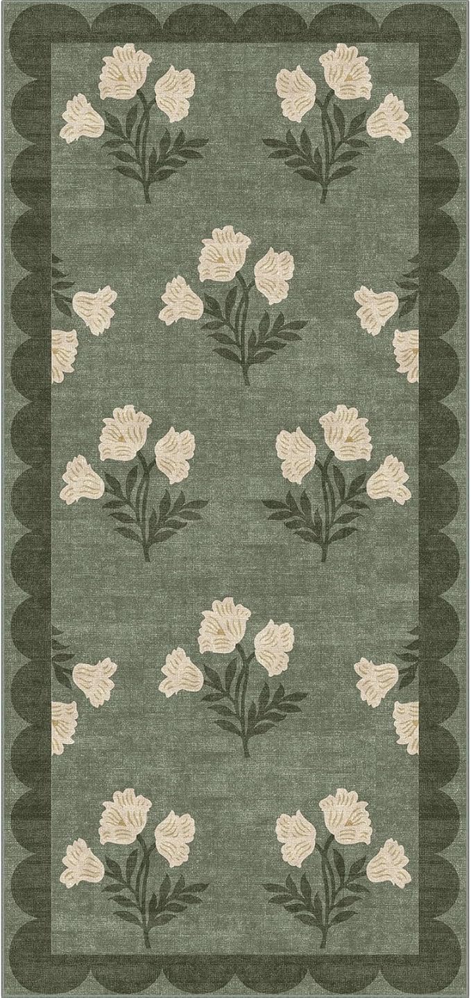 Outdoor Rug Door Mat with Floral Design, Sage Green, 2 x 4.25 ft