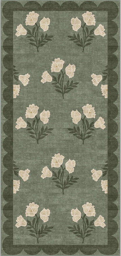 Outdoor Rug Door Mat with Floral Design, Sage Green, 2 x 4.25 ft