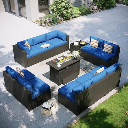 Aoxun Patio Furniture Set with Fire Pit Table, 12 Piece Outdoor Sectional Sofas, 10 Seats Wicker Rattan Outdoor Furniture with Thickened Cushion for Backyard, Garden Navy Blue