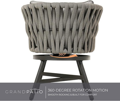 Grand patio 5-Piece Outdoor Dining Set for 4, Patio Dining Furniture Set for 4 Swivel Rope Wicker Chairs & 1 Square Dining Faux Woodgrain Table with Umbrella Hole, Light Gray Brown