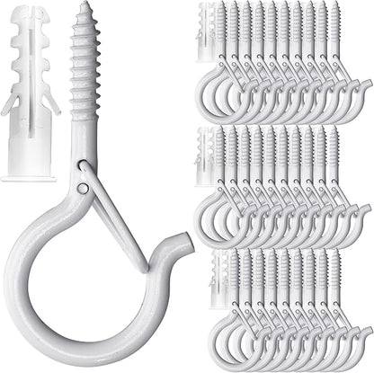 PlusRoc 30 Pack Ceiling Hooks for Hanging Plants Outdoor String Lights Heavy Duty, 2.2 Inch Eye Hook Screw in Cup Hooks Q-Hanger for Patio Lights, Wall Wood Fence Deck Mount(White)
