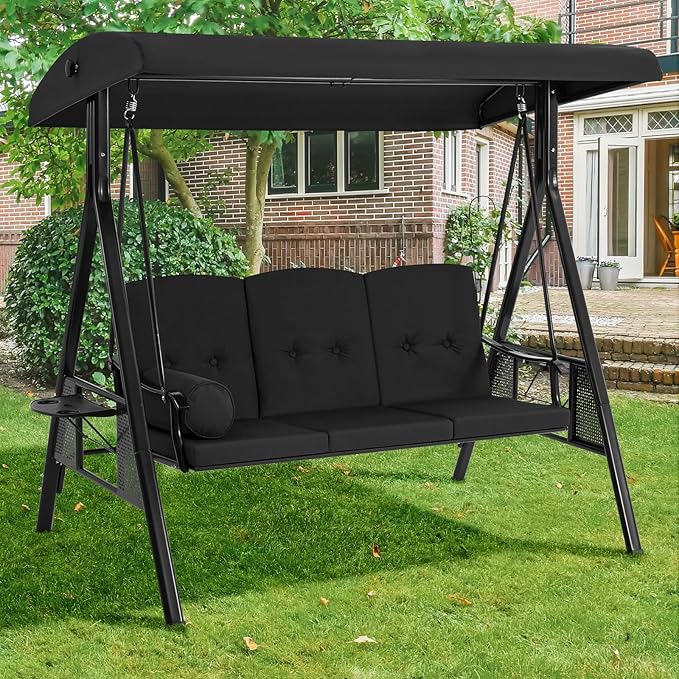 U-MAX 3-Seat Porch Swing Chair Steel Frame, Patio Swing Chair with Stand and Removable Cushions, Outdoor Canopy Swing Chair for Outside, Backyard, Garden, Black Cushion