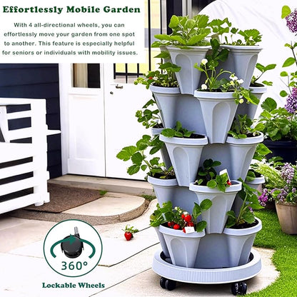 7 Tiered Strawberry Planters 3 Pack, Vertical Stackable Planter, Herb Stacking Tower Garden, Flower and Vegetable Planters with Support Pole Indoor & Outdoor with Removable Wheels Dark Grey
