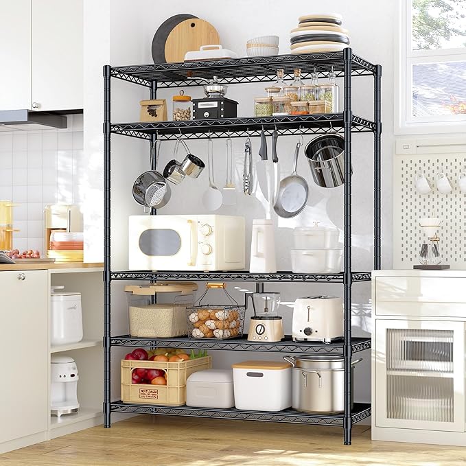 5 Tier Storage Shelves 71"H Wire Shelving Adjustable Metal Shelving,1000LBS Pantry Shelves Sturdy Steel Wire Shelf for Kitchen School Pantry Garage Warehouse ,71"H X35.5"W X13.8"D, Black,2P