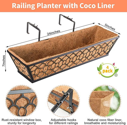 Riare 4 Pack 24 Inch Window Boxes Planters with Coco Liner, Metal Deck Railing Planter Boxes, Balcony Planters Railing Hanging, Horse Trough Window Flower Planter Boxes for Outdoor Porch Fence Patio