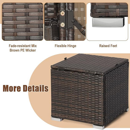 RELAX4LIFE Wicker Outdoor Storage Ottoman, 2-Piece Rattan Footstool w/Removable Cushion, Multipurpose Footrest Stool Side Table Additional Seating, Set of 2 Outdoor Ottomans for Patio Deck (Off White)