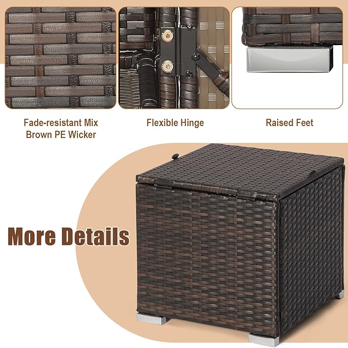 RELAX4LIFE Wicker Outdoor Storage Ottoman, 2-Piece Rattan Footstool w/Removable Cushion, Multipurpose Footrest Stool Side Table Additional Seating, Set of 2 Outdoor Ottomans for Patio Deck (Grey)