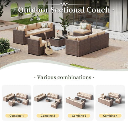 Aoxun 10 Piece Patio Furniture Set Wicker Rattan Patio Conversation Set Outdoor Sectional Sofa Set with Coffee Table and 4” Thickened Cushions, Beige(Waterproof Cover Included)