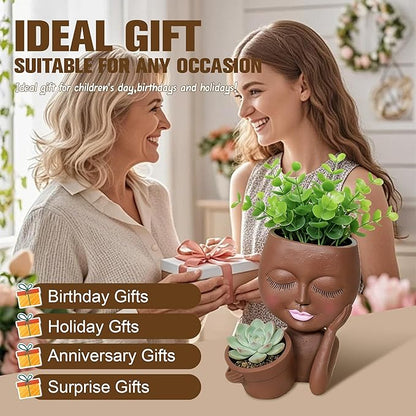 Face Double Plant Pot - Cute Succulent Head Planters Indoor Outdoor Decor, Resin Flower Pots with Drainage Hole, Unique Ideal Present, Gifts for Women/Mother