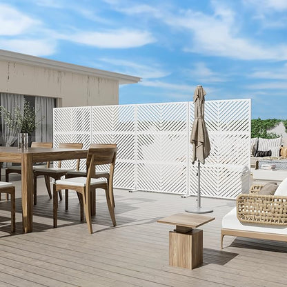 Casaphoria Metal Privacy Screen Outdoor, 72" H x 47" W Freestanding Decorative Privacy Screen for Patio Deck Balcony Garden with Stable Base, White-Parallel
