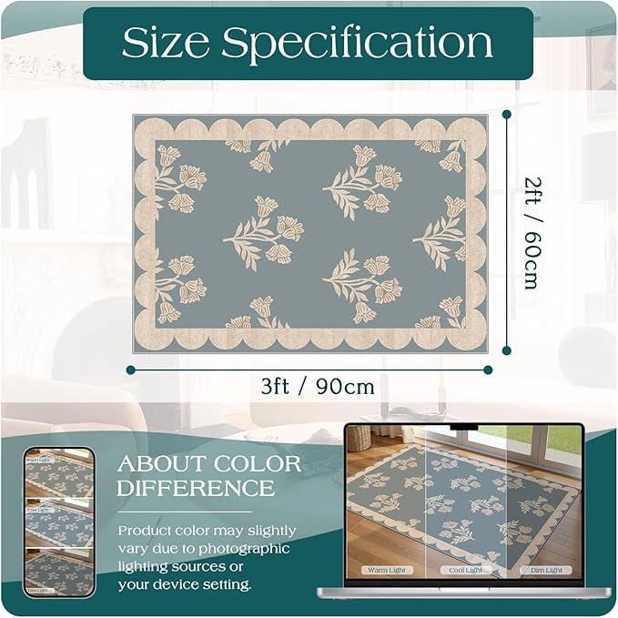 Outdoor Rugs Floral Scalloped Edge Non-Slip Door Mat, Blue 2x3