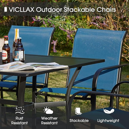 VICLLAX 5 Pieces Patio Dining Set, Outdoor Furniture Set Includes 41.2" Round Patio Table and 4 Patio Sling Chairs, Black Tabletop and Blue Fabric