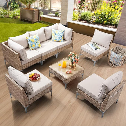 7-Piece Patio Furniture Set, Outdoor Wicker Sectional Sofa with Coffee Table, Anti-Slip & Thick All-Weather Cushions for Party,Garden,Backyard, Beige