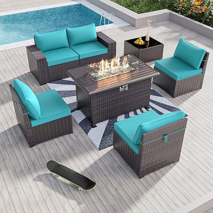 Kullavik 7 Pieces Outdoor Patio Furniture Set with 43" 55000BTU Gas Propane Fire Pit Table PE Wicker Rattan Sectional Sofa Patio Conversation Sets,Blue