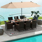 Tangkula 11 Piece Rattan Outdoor Dining Set with 15Ft Patio Umbrella for 8, Outdoor Wicker Table Set with 8 Cushioned Armchairs, Acacia Wood Top, Outdoor Umbrella with Base Included