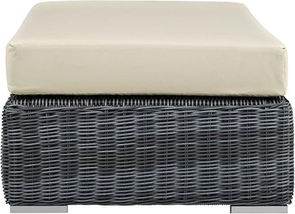 Modway Summon Wicker Rattan Outdoor Patio Sunbrella® Fabric Rectangle Ottoman in Canvas Antique Beige