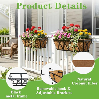 Window Deck Railing Planters Boxes with Coconut Liner, The Bottom Flat Window Boxes Planter Flower Boxes Metal Black Balcony Planters Railing Hanging for Outdoor Fence Porch Patio Lawn(2Pcs 24 Inch)