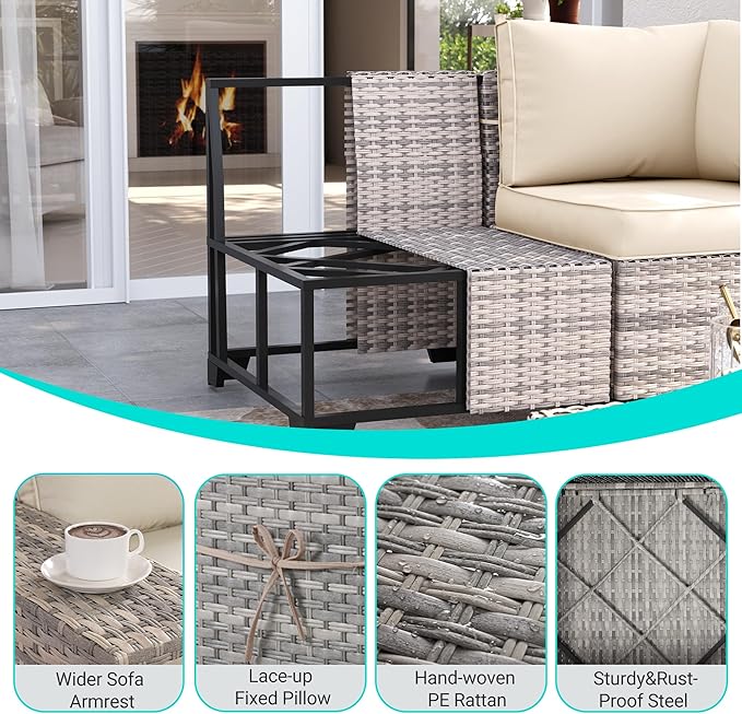 9-Piece Outdoor Patio Furniture Set with 55,000 BTU Fire Pit Table, PE Wicker Rattan Sectional Sofa Patio Conversation Set with Ottomans & Coffee Table, White