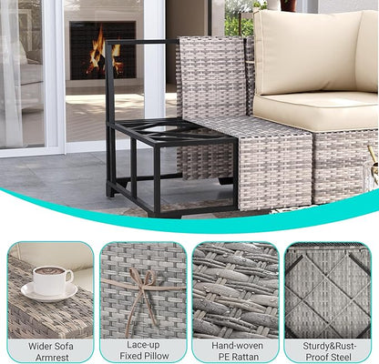 9-Piece Outdoor Patio Furniture Set with 55,000 BTU Fire Pit Table, PE Wicker Rattan Sectional Sofa Patio Conversation Set with Ottomans & Coffee Table, White