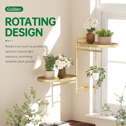 Rotating Window Shelves for Multiple Plants Indoor,2-tier Metal Corner golden Plant Stand Holder Floating Hanger Shelf for Wall，Windows Sill Gifts for Planter Lover to Enhance Home Decor