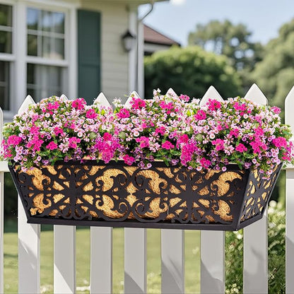 2 Pack 24 Inch Window Boxes Planters Railing Planter Box with Adjustable Brackets & Coco Liners Fabric Plant Grow Bags Deck Railing Planter Boxes Balcony Hanging Flower Box for Outdoor Plants