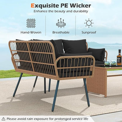 Tangkula Patio Wicker Loveseat, Outdoor Rattan 2-Seat Cushioned Sofa with Heavy Duty Metal Frame, for Backyard,Porch,Poolside (Black)