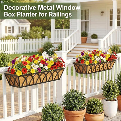 HFHOME 2 Pcs 30" Window Box Deck Railing Planter with Horse Trough Coco Liners, Black Metal Hanging Flower Planters Baskets for Indoor, Outdoor, Balcony, Porch, Fence, Patio, and Lawn