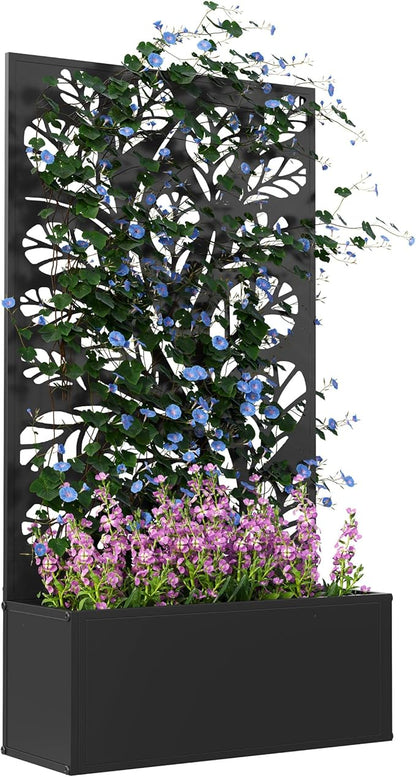 Outsunny Metal Raised Garden Bed with Trellis for Climbing Plants, Freestanding or Wall Mounted Flower Bed with Privacy Panel, Twigs and Leaves Cut-Outs Outdoor Planter Box for Garden, Patio, Balcony