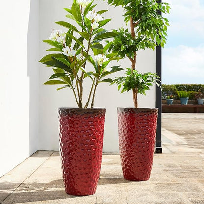 Glitzhome Large Planters for Outdoor Plant, 23.75" H Tall Outdoor Planter, Honeycomb Textured Gradient Red Plastic Planter, with Drainage Hole, Large Flower Pots for Porch Patio Deck Indoor, Set of 2