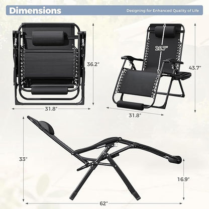 Homall Oversized Zero Gravity Chair, 32In Recliner Lounge Chair with Removable Soft Cushion and Cup Holder, Adjustable Anti Gravity Chair Folding Patio Chairs Padded for Indoor and Outdoor (Black)