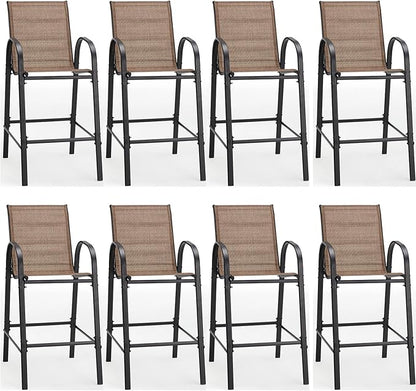 HOMREST Outdoor Bar Height Stools Set of 8,High Back Patio Chairs with Armrests,Textilene Chairs with Breathable Fabric & Metal Frame for All Weather,Brown