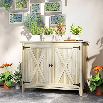 Outsunny Wood Garden Shed, Compact Outdoor Storage Cabinet Potting Shed with Inner Shelf and Double Doors for Backyard, Patio, Lawn, Natural Wood