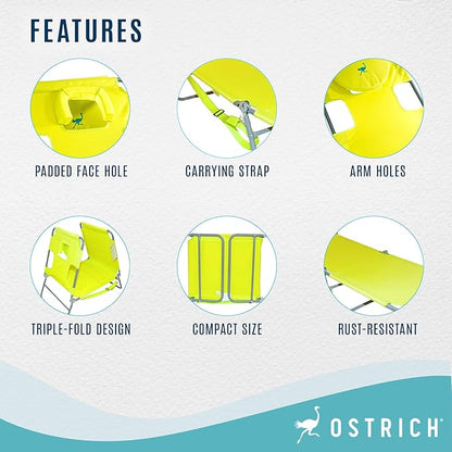 Ostrich the Original Chaise 72 x 22 Inch Lounge Portable Reclining Lounger, Outdoor Patio, Beach, Lawn, Camping, or Pool Tanning Chair, Lime Green