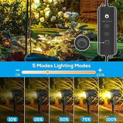 ZYAN Landscape Spotlights with Sensor, 5 Lighting Modes for Brightness Adjustment, Dimmable Timer Auto On Off, Low Voltage Outdoor IP65 Waterproof for Patio Yard Garden Pathway, Warm White (4 Pack)