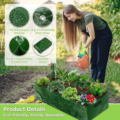 Fabric Raised Garden Bed, 2 Pack 8 Grids and 4 Grids, 128 Gallon Rectangle Grow Bags with Drainage Holes, Breathable PE Planting Containers for Outdoor Vegetables Fruits Flowers