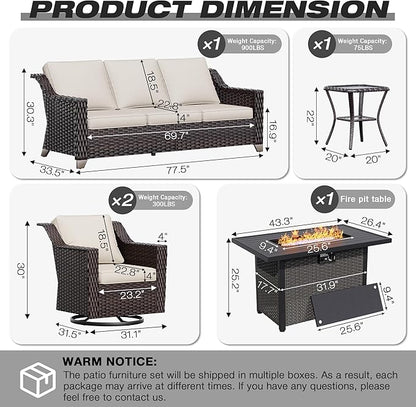 Joyside Wicker Patio Furniture Sets, 5 Pieces Upgraded Large Size Outdoor Furniture with Swivel Rocking Patio Chairs, 3-Seat Sofa, Fire Table, Coffee Table, Thick Cushions, Wide Armrest, Beige