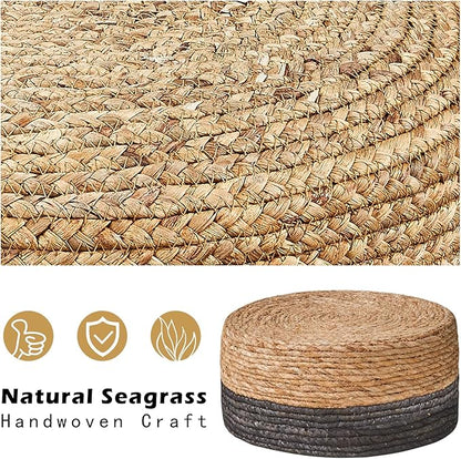Wimarsbon Round Foot Stool Natural Seagrass Poufs Ottoman Hand Weave Footrest Stool for Couch Desk Extra Seat Step Stool with Solid Wood Legs for Hallway Patio Lounge Black