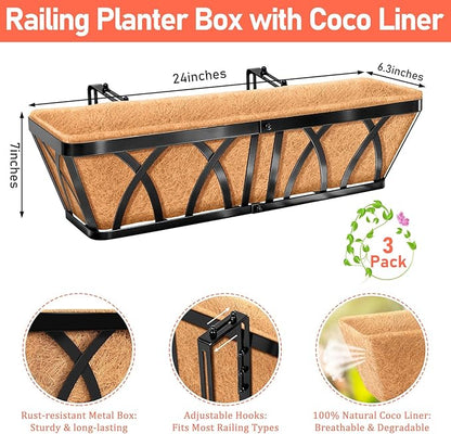 Riare 3 Pack 24 Inch Metal Railing Planter Window Box with Coco Liner- Adjustable Window Flower Boxes for Railings, Hanging Rail Planters for Deck, Balcony, Porch, Fence, Indoor Outdoor Plants