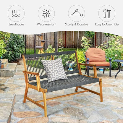 Tangkula 2-Person Patio Acacia Wood Bench Loveseat, Outdoor Patio Rope Bench in Teak Oil Finish, for Balcony Deck Poolside Porch (Grey)