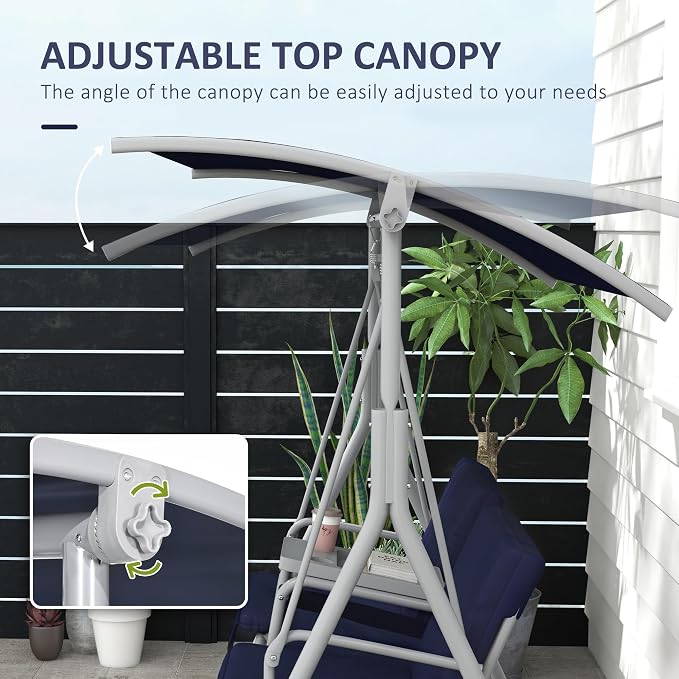 Porch Swing for 2 with Canopy, Cup Holders and Cushions, Dark Blue