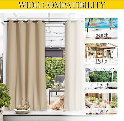 NICETOWN 2 Panels Weighted Blackout Curtains for Patio Waterproof, Top & Bottom Grommet & Back Tab Fixed Outdoor Curtains Windproof Drapes Thermal Insulated for Porch, W84 x L95, Biscotti Beige