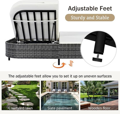 Merax Outdoor Daybed,Patio Rattan Daybed with Adjustable Backrest,Patio Wicker Loveseat Lounger,Outdoor Bed Loveseat Sofa Set with Pillows and Cushions for Garden, Backyard, Poolside,Black+Beige