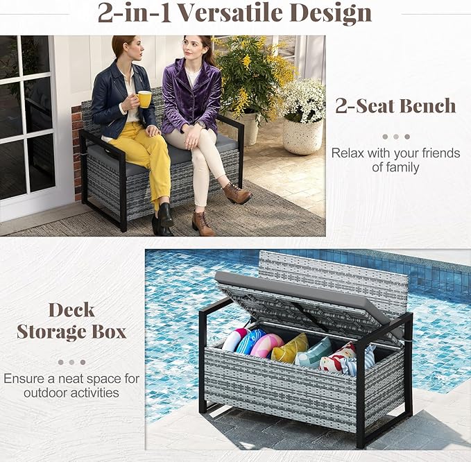 Patio Storage Bench, 43.5 in Wide PE Rattan, 40 Gallon Capacity