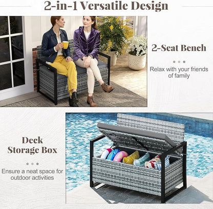 Patio Storage Bench, 43.5 in Wide PE Rattan, 40 Gallon Capacity