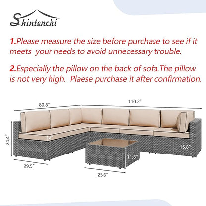 Shintenchi 7 Pieces Outdoor Patio Sectional Sofa Couch, Silver Gray PE Wicker Furniture Conversation Sets with Washable Cushions & Glass Coffee Table for Garden, Poolside, Backyard (Khaki)